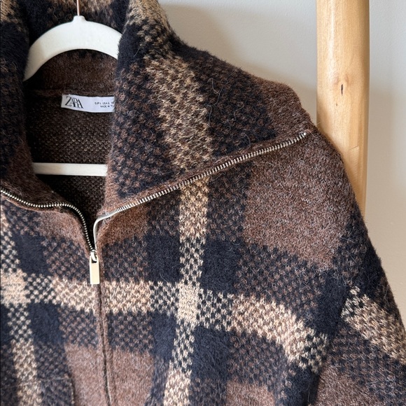 ZARA Plaid Zip Up Collared Soft Knit Sweater Brown Black Tan with Pockets L - Picture 6 of 16